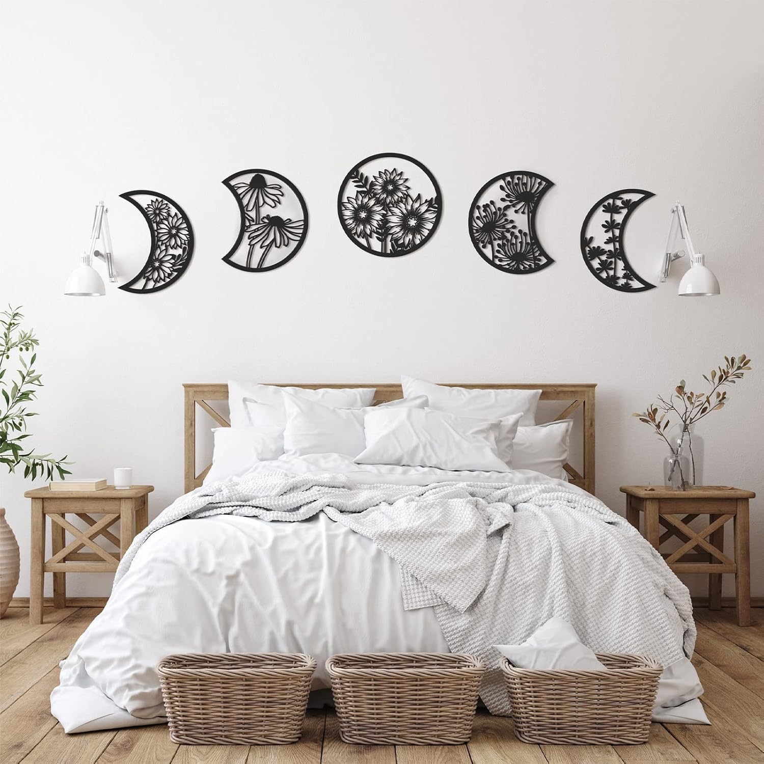 5 Pieces Moon Phase Wall Decor Boho Hanging Moon Phase Nordic Wood Wall Art for Living Room Bedroom Home Decoration Room Apartment Bar Ornament(Black)
