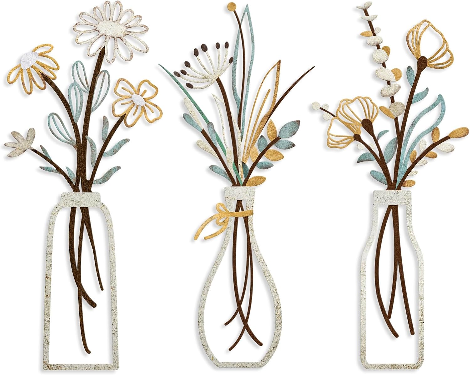 3 Pieces Metal Flowers Wall Arts – Rustic Farmhouse Decor Beige Minimalist Flower Wall Decors for Living room Bathroom Bedroom Dining Room-Housewarming Gifts (Beige, Vase-C)